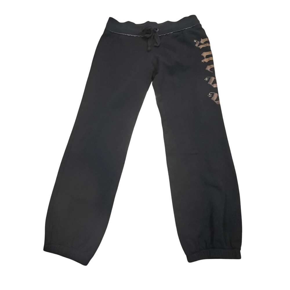Vintage Guess Womens Black Gothicβ Logo Rhinestone Sweatpants Joggers Size S Y2K